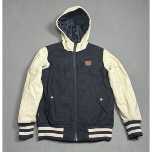Vans Mountain Edition Hooded Bomber Jacket Youth M Navy Tan Varsity Coat